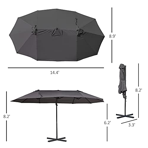 Outsunny 14ft Patio Umbrella Double-Sided Outdoor Market Extra Large Umbrella with Crank, Cross Base for Deck, Lawn, Backyard and Pool, Grey