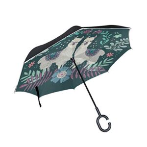 alaza cartoon llamas windproof inverted open close reverse rain umbrella inside out quality waterproof parasol upside down stick shelter with hook c handle