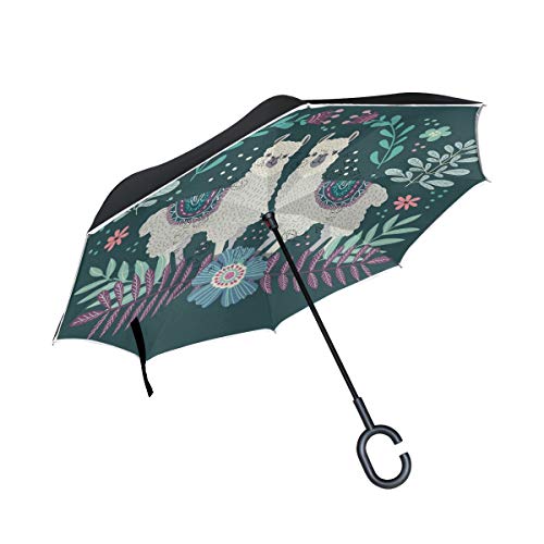 ALAZA Cartoon Llamas Windproof Inverted Open Close Reverse Rain Umbrella Inside Out Quality Waterproof Parasol Upside Down Stick Shelter with Hook c Handle