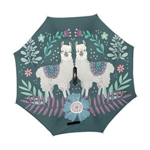 ALAZA Cartoon Llamas Windproof Inverted Open Close Reverse Rain Umbrella Inside Out Quality Waterproof Parasol Upside Down Stick Shelter with Hook c Handle