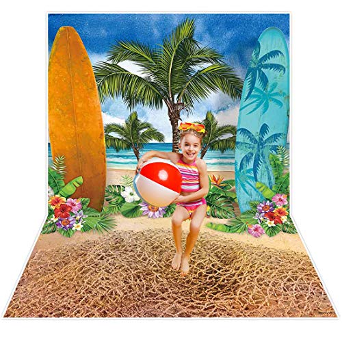 Allenjoy Summer Beach Ocean Backdrops for Photography Blue Sky Seaside Surfboard Background Tropical Palm Trees Kids Girls 1st Birthday Party Decor Banner Baby Shower 5x7ft Photoshoot Photo Booth Prop