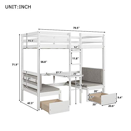 MERITLINE Twin Over Twin Bunk Bed, Convertible Dorm Loft Bed with Desk and Storage Drawers for Kids Teens, No Box Spring Needed (White Loft Bunk Beds)
