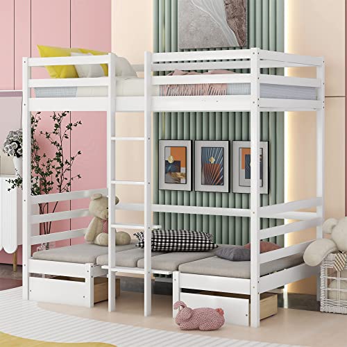 MERITLINE Twin Over Twin Bunk Bed, Convertible Dorm Loft Bed with Desk and Storage Drawers for Kids Teens, No Box Spring Needed (White Loft Bunk Beds)