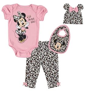 disney minnie mouse newborn baby girls 4 piece outfit set: bodysuit pants bib hat pink 3-6 months