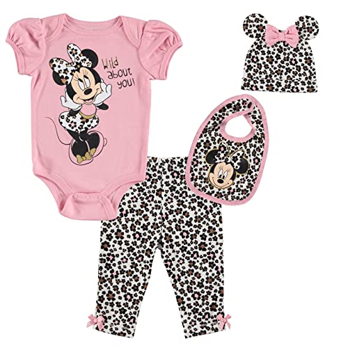 Disney Minnie Mouse Newborn Baby Girls 4 Piece Outfit Set: Bodysuit Pants Bib Hat Pink 3-6 Months