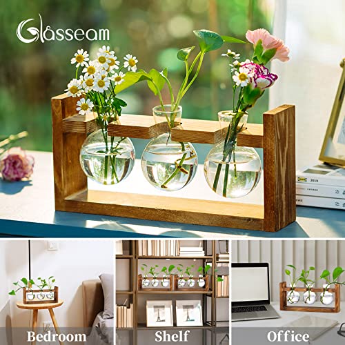 Glasseam Propagation Stations Plant Terrarium, Glass Bud Bulb Vase with Wooden Stand Propagate Station Propogation Jars Desktop Hydroponic Planter Air Plants Containers Tabletop for Indoor Flower