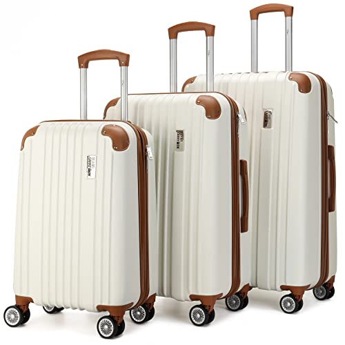 Miami CarryOn Collins 3 Piece Expandable Polycarbonate-ABS Retro Spinner Luggage Set with Lined Interior, Organizational Pockets, Bottom Handle (White)