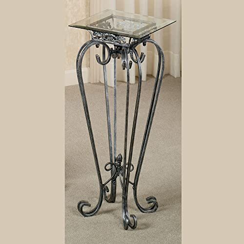 Touch of Class Chalcedony Metal Scroll Pedestal Table - Beveled Glass - Antique Pewter - Made of Iron - Square Shaped Top - Elegant Style - Accent Furniture for Bedroom, Living Room, Desk
