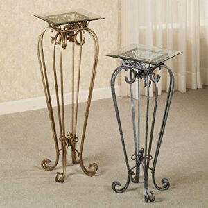 Touch of Class Chalcedony Metal Scroll Pedestal Table - Beveled Glass - Antique Pewter - Made of Iron - Square Shaped Top - Elegant Style - Accent Furniture for Bedroom, Living Room, Desk