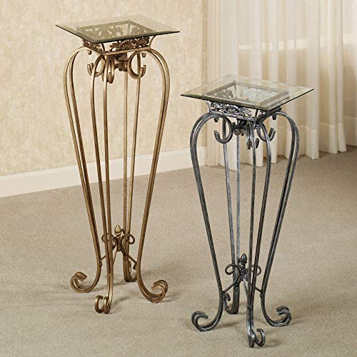 Touch of Class Chalcedony Metal Scroll Pedestal Table - Beveled Glass - Antique Pewter - Made of Iron - Square Shaped Top - Elegant Style - Accent Furniture for Bedroom, Living Room, Desk