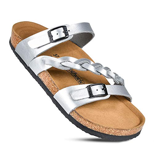 AEROTHOTIC Women's Arch Support Casual Strappy Slide Sandals (Viking Silver, 8)