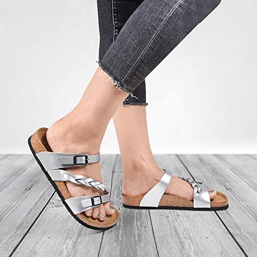 AEROTHOTIC Women's Arch Support Casual Strappy Slide Sandals (Viking Silver, 8)