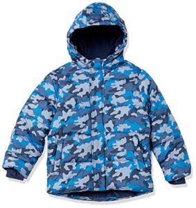 amazon essentials men's heavyweight hooded puffer jacket, blue camo, x-small