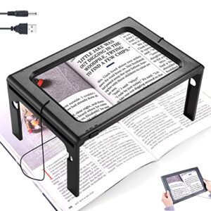 3x full page magnifying glass reading magnifier with 6 led lights handheld hands-free magnifier with stand & lanyard pvc material ideal for low vision, seniors, reading books, newspapers