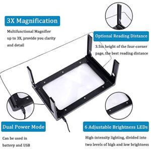 3X Full Page Magnifying Glass Reading Magnifier with 6 LED Lights Handheld Hands-Free Magnifier with Stand & Lanyard PVC Material Ideal for Low Vision, Seniors, Reading Books, Newspapers