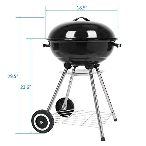 18inches Round Charcoal Burner BBQ Grill Stove with Bottom Shelf Black Sturdy Heavy Duty Durable Portable Versatile Easy to Clean Adjustable for Home Outdoor Camping Travel Party Patio Backyard Garden