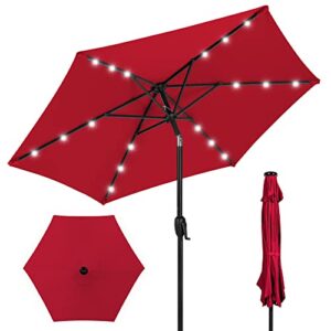 best choice products 7.5ft outdoor solar market table patio umbrella for deck, pool w/tilt, crank, led lights - red