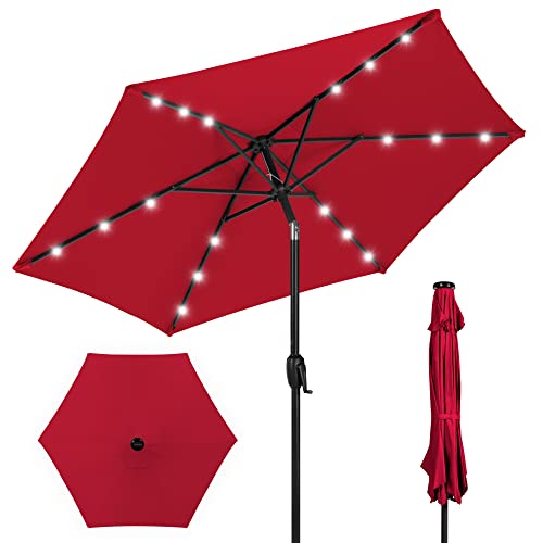 Best Choice Products 7.5ft Outdoor Solar Market Table Patio Umbrella for Deck, Pool w/Tilt, Crank, LED Lights - Red