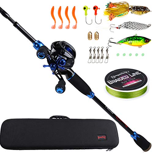 Sougayilang Baitcasting Travel Fishing Rod Reel Combos 7.0:1 Gear Baitcasting Fishing Reel-4PC Protable Fishing Pole with Fishing Carrier Bag -2.1M Blue Right Handed