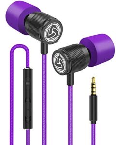 ludos ultra wired earbuds in-ear headphones, 5 years warranty, earphones with microphone, noise isolating ear buds, memory foam for iphone, samsung, school students, kids, women, small ears - purple