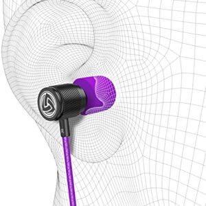 LUDOS Ultra Wired Earbuds in-Ear Headphones, 5 Years Warranty, Earphones with Microphone, Noise Isolating Ear Buds, Memory Foam for iPhone, Samsung, School Students, Kids, Women, Small Ears - Purple