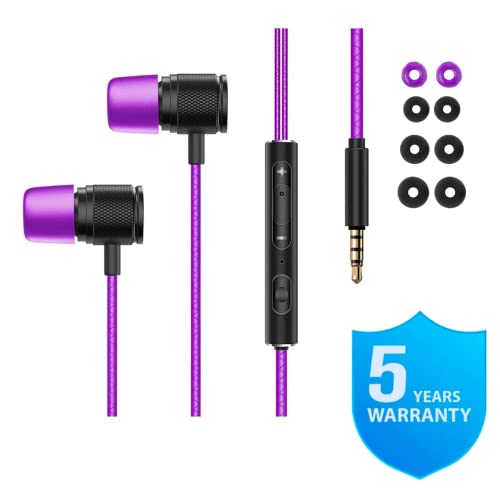 LUDOS Ultra Wired Earbuds in-Ear Headphones, 5 Years Warranty, Earphones with Microphone, Noise Isolating Ear Buds, Memory Foam for iPhone, Samsung, School Students, Kids, Women, Small Ears - Purple