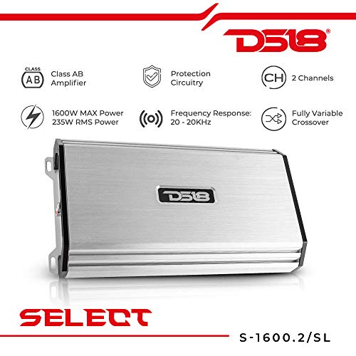 DS18 S-1600.2/SL Car Audio Amplifier – 2 Channel, Full Range, Class AB, 1600 Watts (Silver)