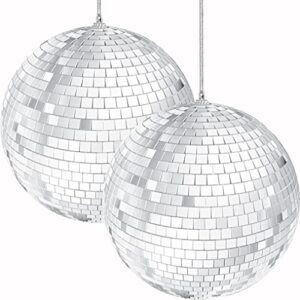 mirror disco ball 4" inch 2-pack, silver hanging ball with attached string for ring, reflects light, fun party home bands decorations, party favor