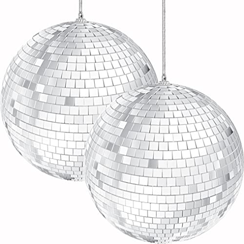 Mirror Disco Ball 4" Inch 2-Pack, Silver Hanging Ball with Attached String for Ring, Reflects Light, Fun Party Home Bands Decorations, Party Favor