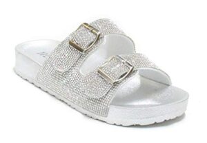 h2k womens glitter double buckle adjustable comfort slip on slides sandals espen (silver, 10)