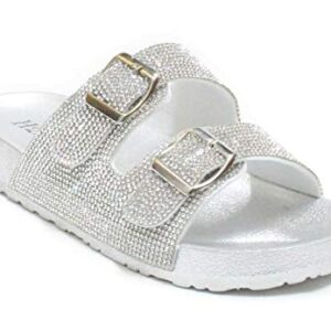 H2K Womens Glitter Double Buckle Adjustable Comfort Slip On Slides Sandals Espen (Silver, 10)