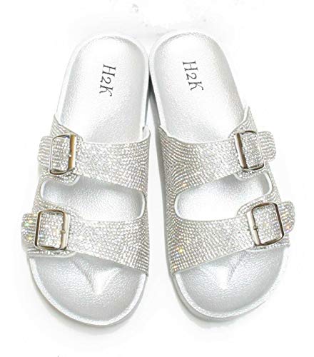 H2K Womens Glitter Double Buckle Adjustable Comfort Slip On Slides Sandals Espen (Silver, 10)