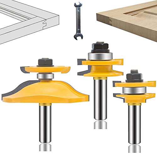 OLETBE Router Bit 1/2-Inch Shank 3PCS, Round Over Raised Panel Cabinet Door Ogee Rail and Stile Router Bits, Woodworking Wood Cutter, Wood Carbide Groove Tongue Milling Tool(Gold)