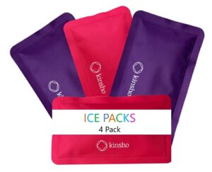 soft ice packs for lunch box, bags, bento boxes, 4 pack, slim reusable and refreezable pouches for kids girls adults, travel, school, work, or camping, long lasting cold, flexible | pink purple