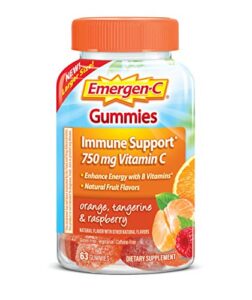 emergen-c 750mg vitamin c gummies for adults, immune support gummies with b vitamins, gluten free, orange, tangerine and raspberry flavors - 63 count