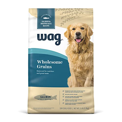 Amazon Brand – Wag Dry Dog Food, Salmon and Brown Rice, 5 lb Bag (Packaging May Vary)