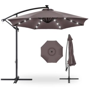 best choice products 10ft solar led offset hanging market patio umbrella for backyard, poolside, lawn and garden w/easy tilt adjustment, polyester shade, 8 ribs - deep taupe