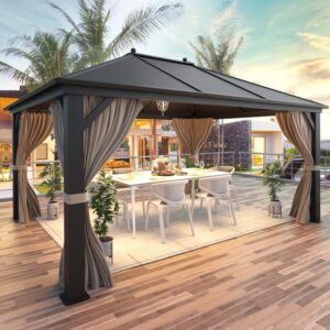 mellcom hardtop gazebo 10x13ft outdoor galvanized steel canopy curtains aluminum furniture with netting for garden,patio,lawns,parties