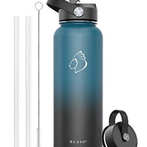 BUZIO Water Bottle with Straw Lid and Flex Cap, 40oz Modern Double Vacuum Stainless Steel Water Flask, Cold for 48 Hrs Hot for 24 Hrs Simple Thermo Canteen Mug, Indigo Black