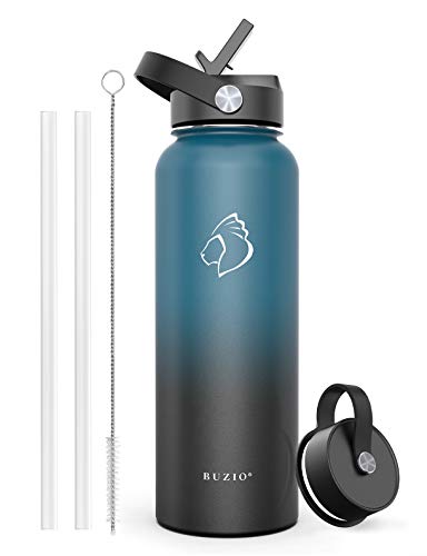 BUZIO Water Bottle with Straw Lid and Flex Cap, 40oz Modern Double Vacuum Stainless Steel Water Flask, Cold for 48 Hrs Hot for 24 Hrs Simple Thermo Canteen Mug, Indigo Black