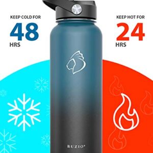 BUZIO Water Bottle with Straw Lid and Flex Cap, 40oz Modern Double Vacuum Stainless Steel Water Flask, Cold for 48 Hrs Hot for 24 Hrs Simple Thermo Canteen Mug, Indigo Black