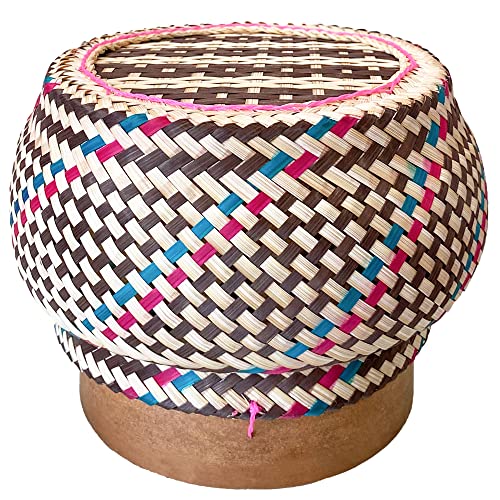 PANWA Handmade 100% Eco-Friendly Thai Bamboo Sticky Rice Serving Basket - Wickerwork with Vegetable Based Dye - Food Safe- Family Size (Toffee)