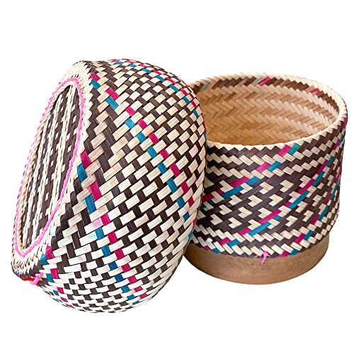 PANWA Handmade 100% Eco-Friendly Thai Bamboo Sticky Rice Serving Basket - Wickerwork with Vegetable Based Dye - Food Safe- Family Size (Toffee)