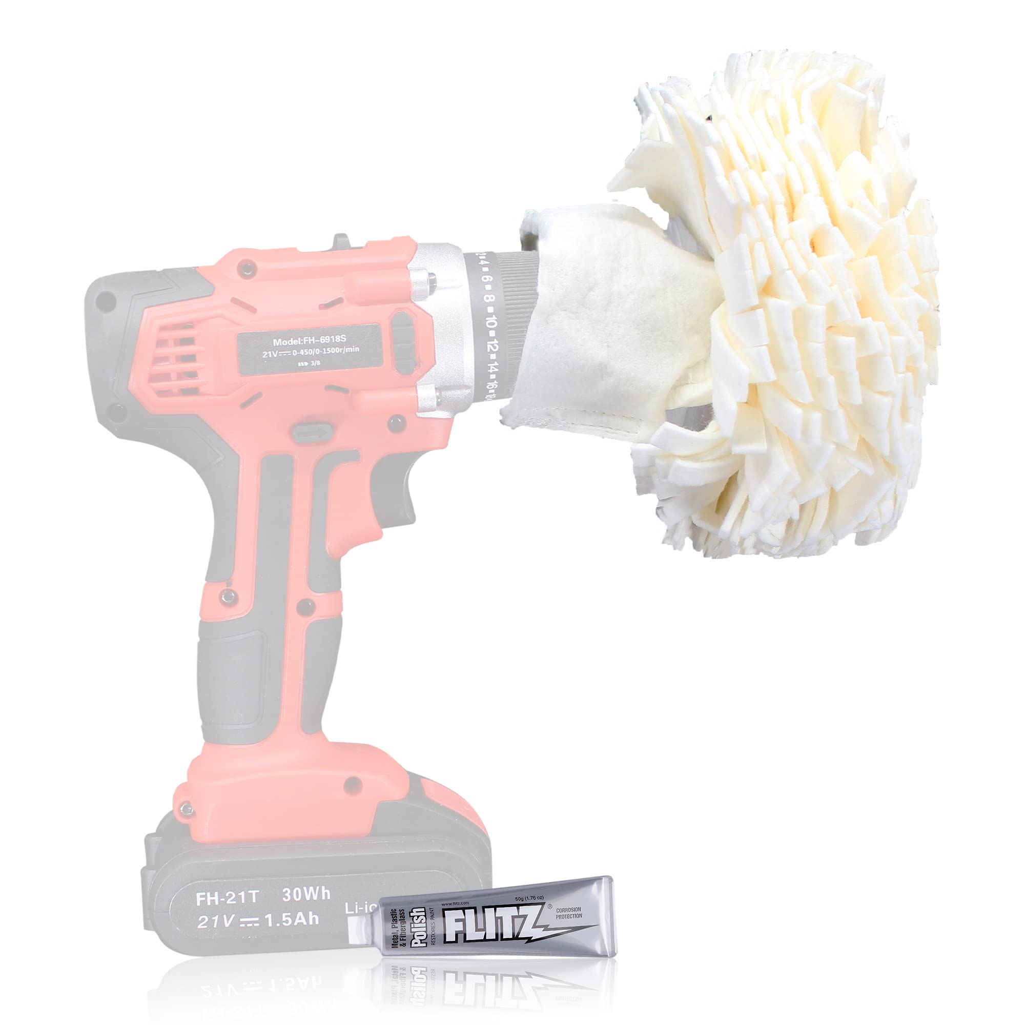 Flitz Buff Ball Car Buffer Drill Attachment with Self-Cooling Design, Never Burns and No Exposed Hardware to Prevent Scratches, Buff and Polish Any Surface, Machine Washable, 5 Inch, White, PB101-50A