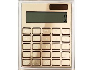russell+hazel acrylic calculator, clear with gold-toned hardware.25” x 5.875” x 4.375” (51179)