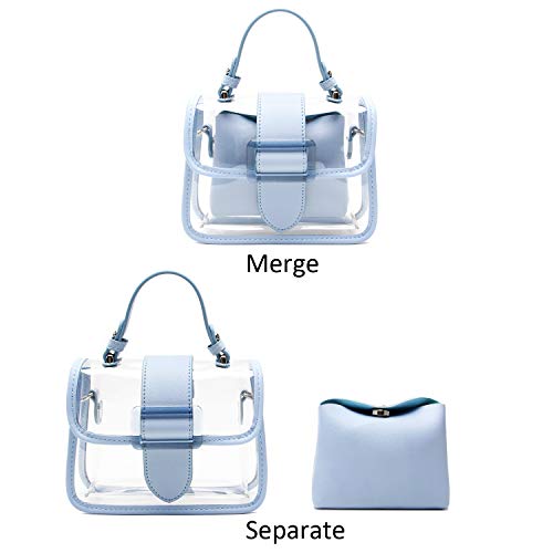 KOOIJNKO Women Clear Shoulder Bag Purse 2 in 1 Transparent Crossbody Messenger Bag Jelly Handbags Mini Clutch Casual Travel Pouch Waterproof Cute Chain Bag, Blue