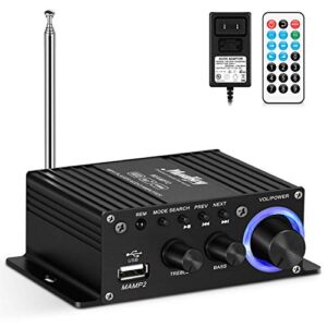 moukey mini amplifier home audio bluetooth 5.0 for speakers- 50w 2 channel power audio receiver fm usb, aux, with remote control, power supply for car home use, tablets, phones, computers - mamp2