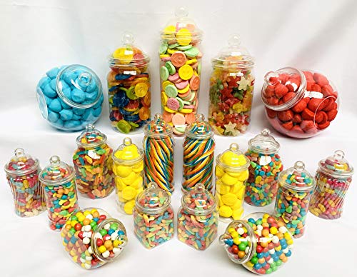 19 Retro Empty Plastic Sweet Jars for Pick & Mix, Victorian Sweet Shop, Candy Buffet Kit, Party Pack