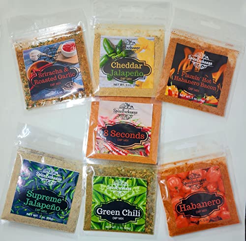 Spice Exchange 7 Spicy Dip Mix Variety Pack - Jalapeno Spinach Dip – Flamin' Hot Habanero-Bacon Dip - Sriracha & Roasted Garlic Dip - Green Chili Dip - Habanero Dip - Cheddar Jalapeno Dip - 8 Seconds