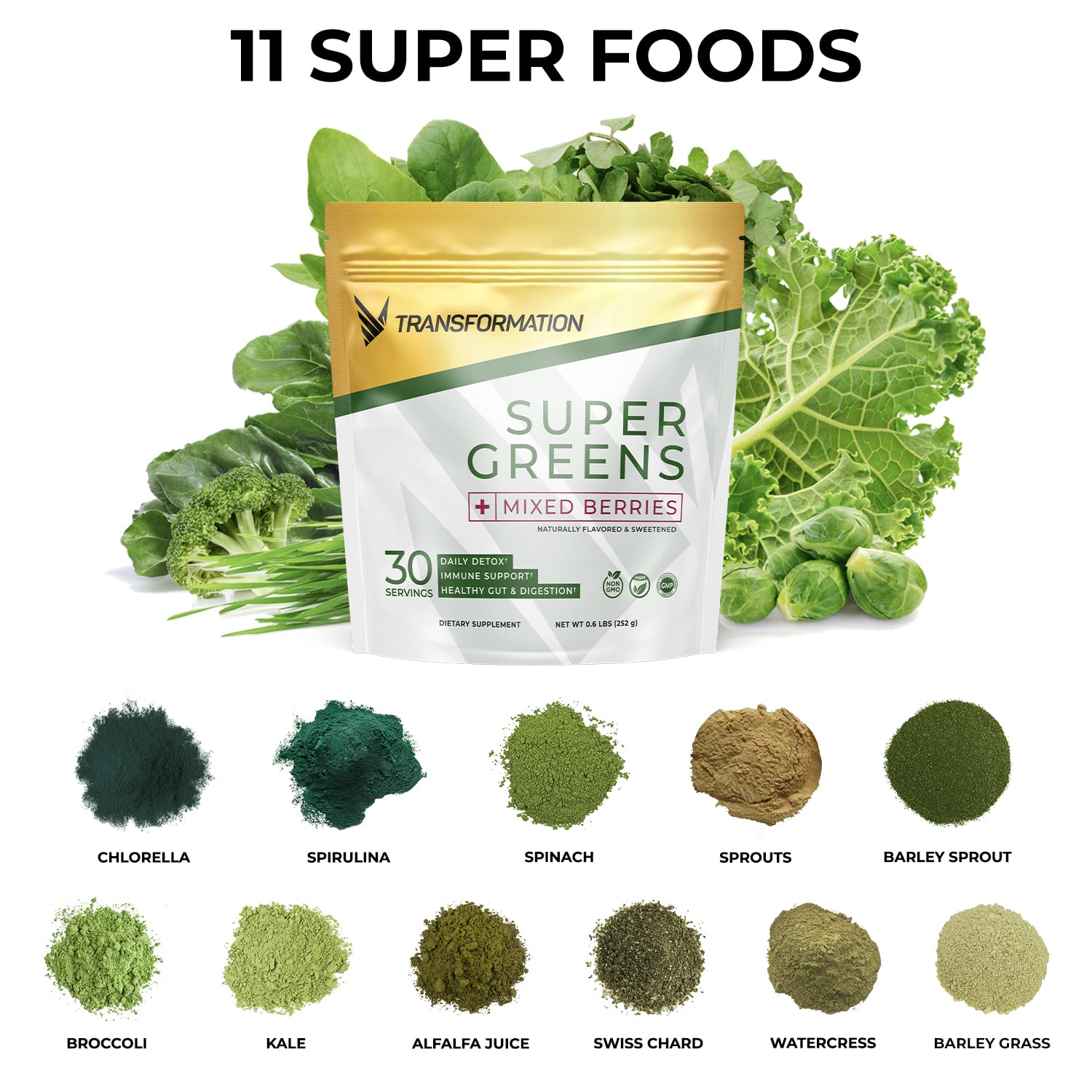 Super Greens Superfood Green Juice Powder - Immune & Energy Support | Made with Natural Ingredients | Detoxifying & Alkalizing Minerals - Spirulina, Chlorella, Wheatgrass, Spinach, Alfalfa & More (1)